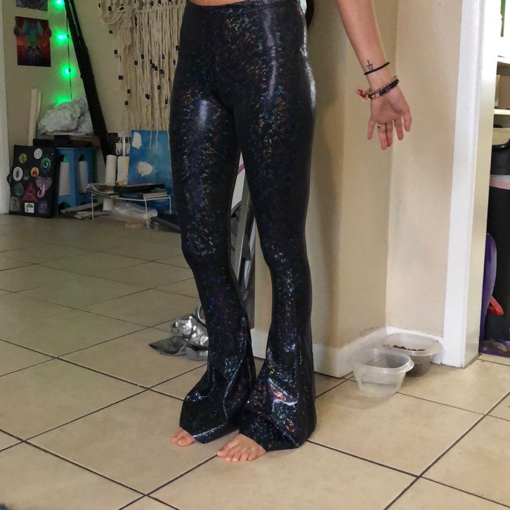 Dark metallic flarepants eat sleep rave repeat